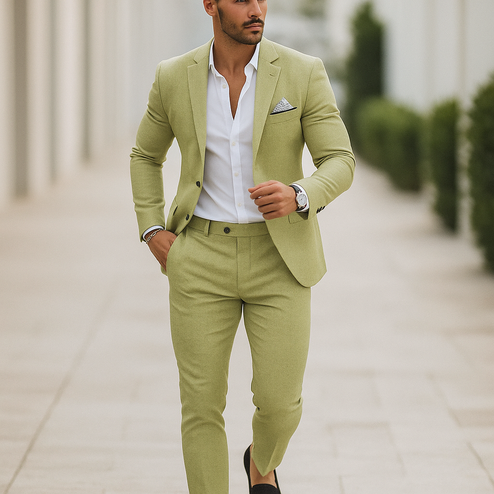 Costume slim homme beige pour un look raffiné. Style chic, idéal pour mariage, business ou événement.