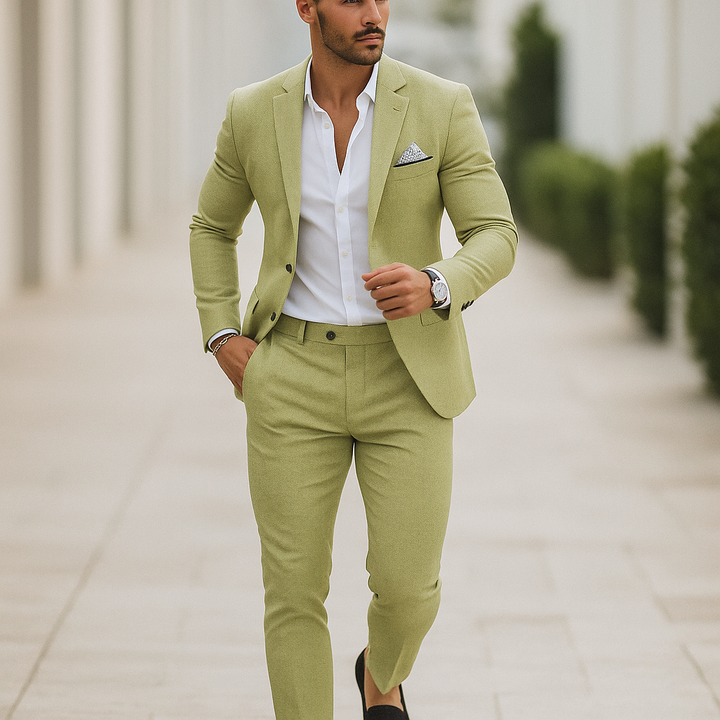 Costume slim homme beige pour un look raffiné. Style chic, idéal pour mariage, business ou événement.