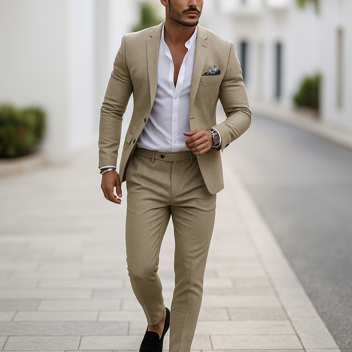 Costume slim homme bleu. Style moderne, coupe ajustée, confortable. Parfait pour affaires ou mariage chic.