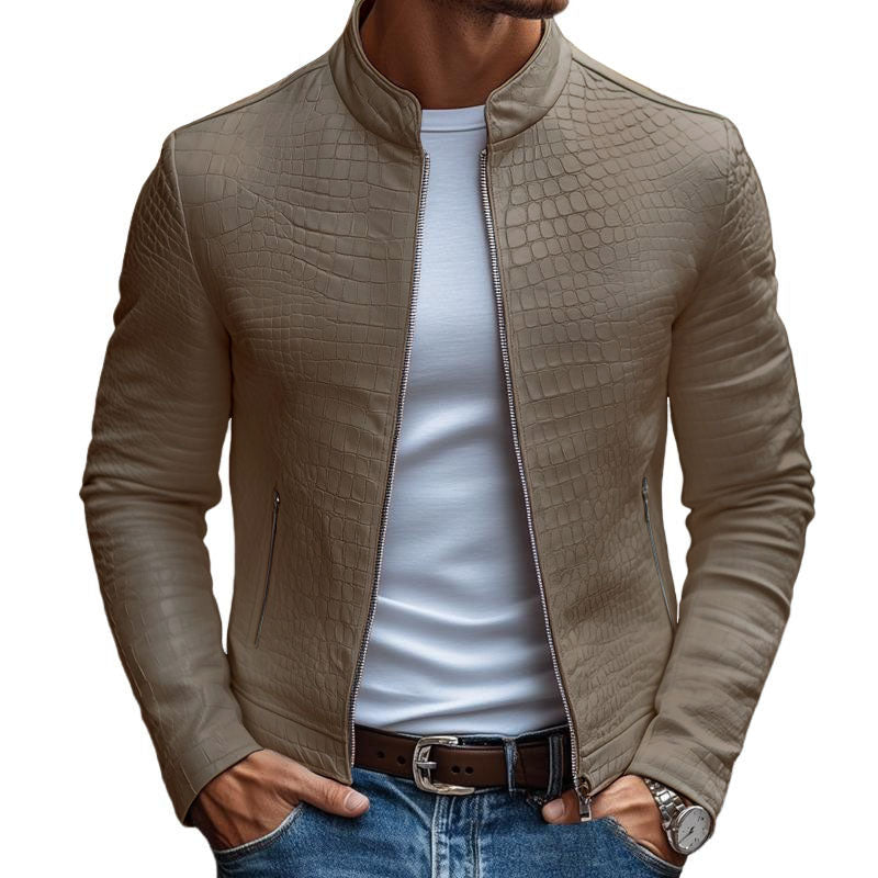 Blouson automne homme, motif pierre unique, zippé. Vêtement extérieur élégant et chaud, col montant.