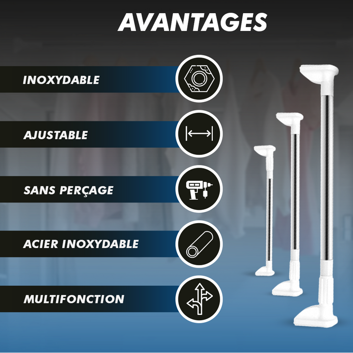 Tringle à rideaux ajustable sans perçage, parfaite pour déco maison, cuisine ou salle de bain. Installation rapide et sûre.