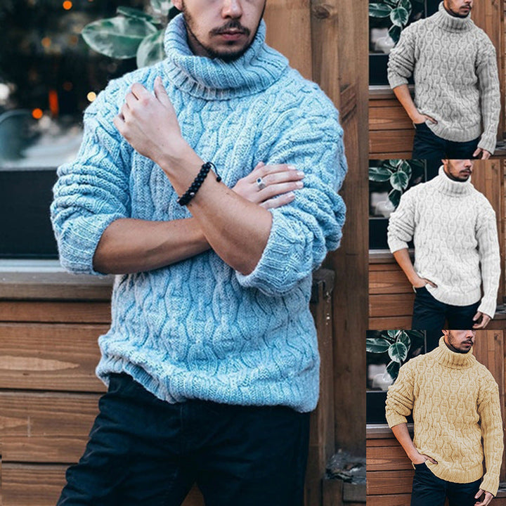 Pull homme élégant à col roulé, gros tricot torsadé, vêtement hiver confortable pour mode masculine.
