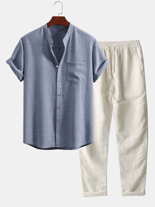 Versatilité tenue décontractée homme: Ensemble homme polyvalent, col montant, manches courtes. Idéal pour un look estival décontracté-chic.