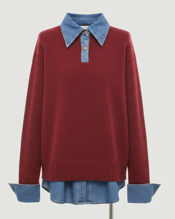 Pull femme chic, effet superposé, col chemise denim. Manche longue, polyvalent pour tenue décontractée ou élégante.