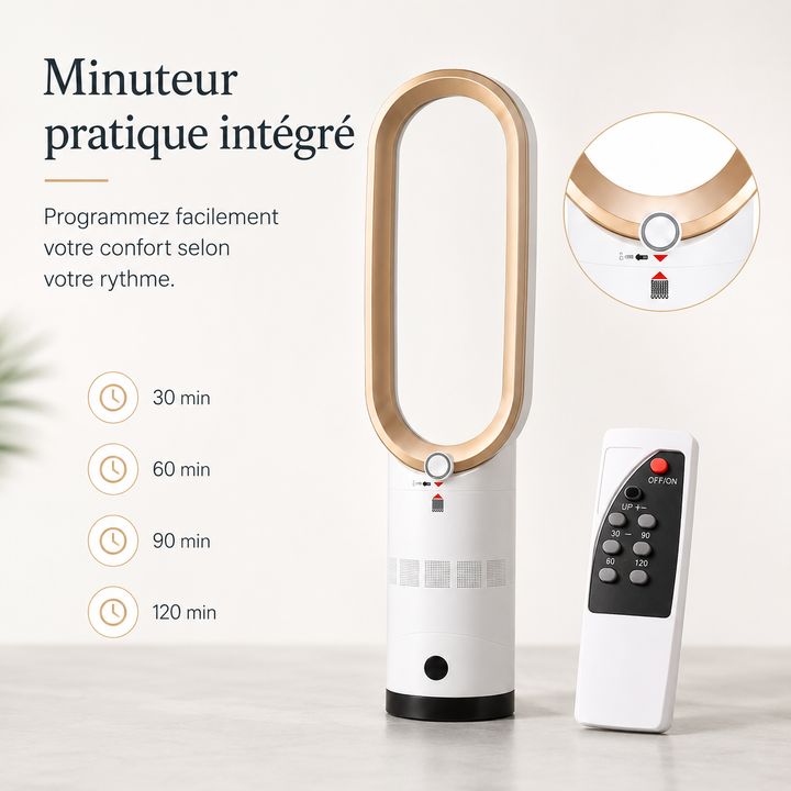 Ventilateur colonne sans pales, sécurité renforcée. Air frais et purifié par ionisateur. Moderne et sûr.