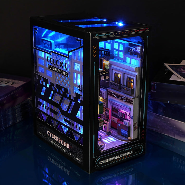 Kit de construction cyberpunk DIY avec lumières LED, modèle 3D futuriste pour décoration et loisir créatif.