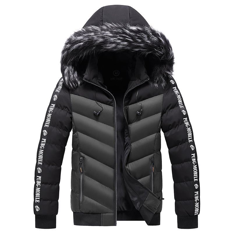 Veste matelassée homme chaude pour l'hiver, capuche fourrure synthétique, protection élégante style urbain.