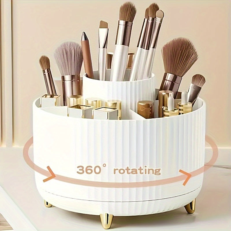 Vue détaillée de l'organisateur de maquillage rotatif 360° rempli de cosmétiques et accessoires de beauté bien rangés.