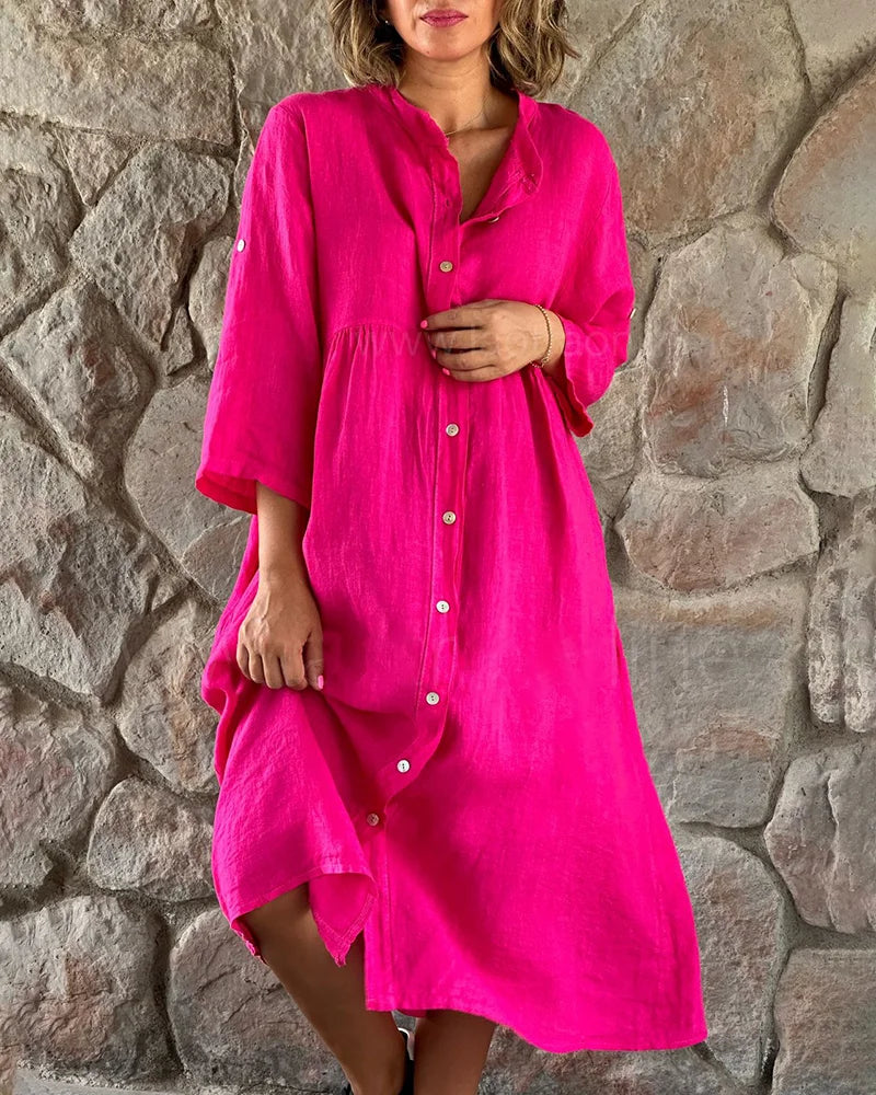 Robe chemise midi Alya fluide femme. Parfaite pour l'été et le printemps. Tenue élégante, décontractée et confortable.