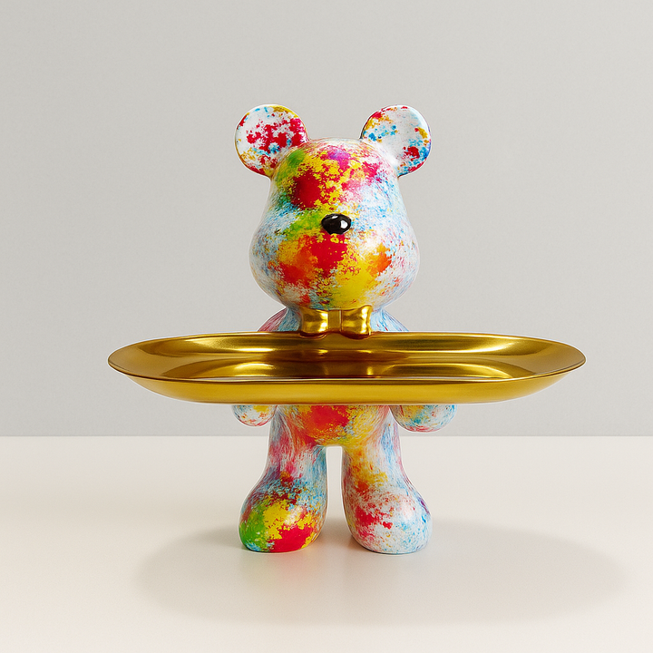 Figurine ours en résine, avec plateau décoratif. Rangement design pour clés ou bijoux dans l'entrée du salon.