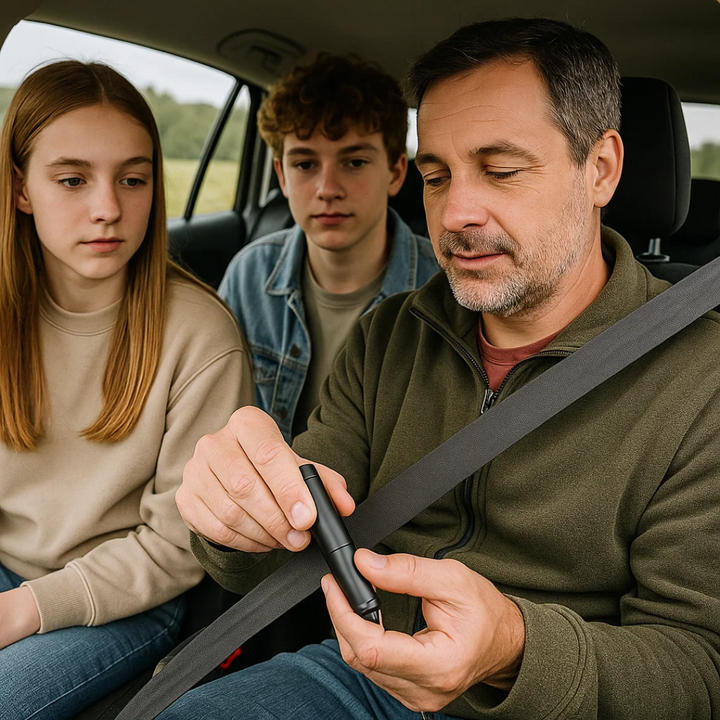 Outil d'urgence voiture robuste. Brise-vitre et coupe-ceinture fiables. Équipement de protection et survie auto.
