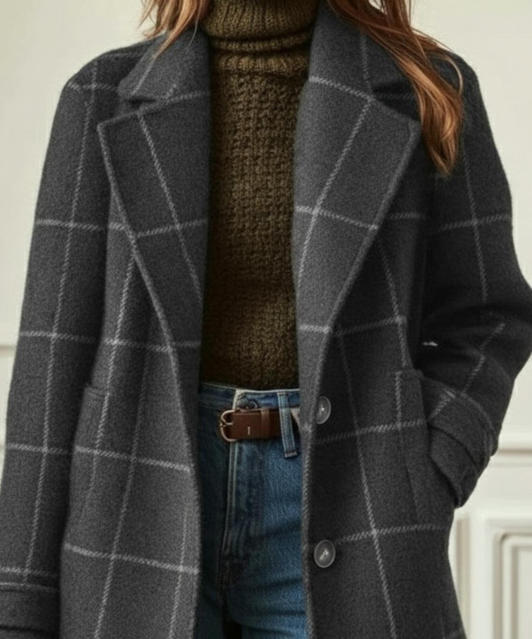 Vue pleine longueur du pardessus femme à carreaux, col revers. Manteau long boutonné, élégant pour la mode automne-hiver.