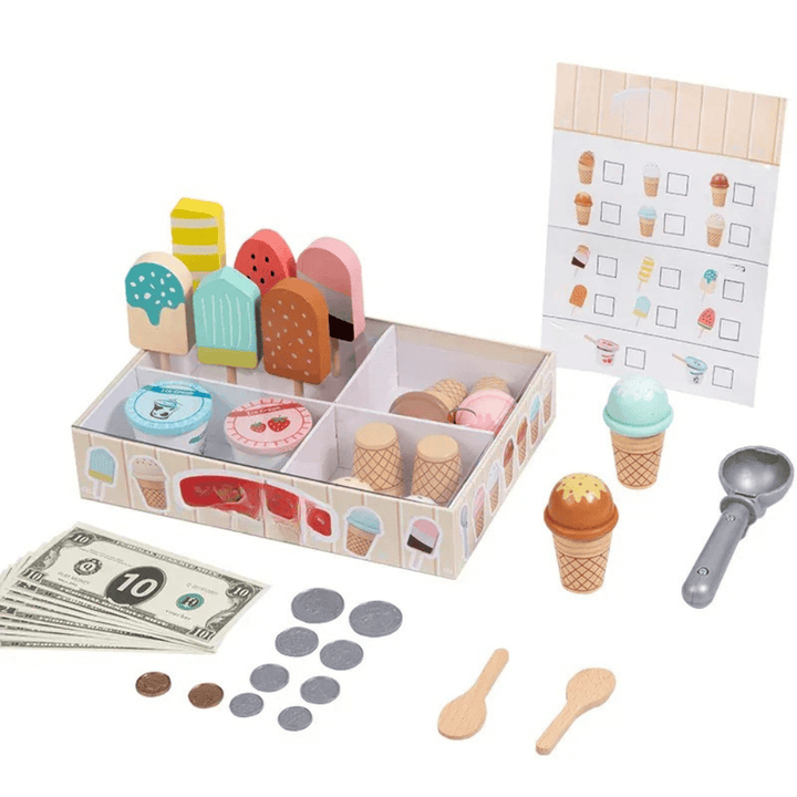 Comptoir de glaces en bois réaliste et ses accessoires, parfait pour créer sa propre boutique de desserts.