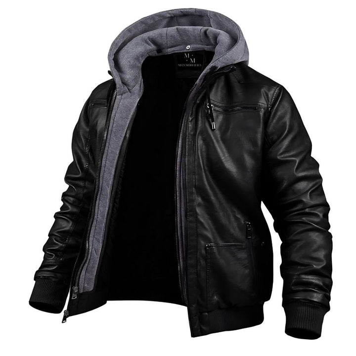 Élégante veste d'hiver en cuir pour homme, avec capuche et doublure chaude, parfaite pour la mode masculine urbaine.