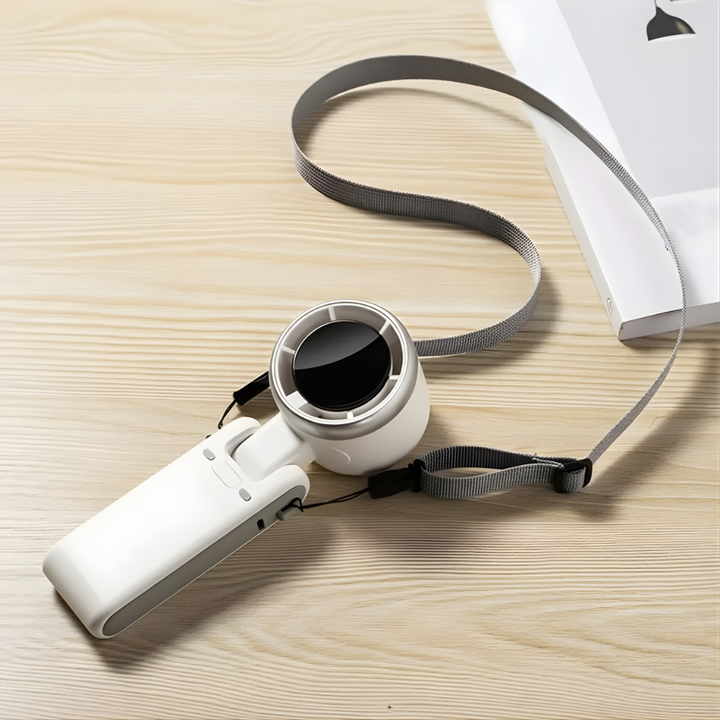 Ventilateur portable USB 3-en-1 unisexe avec écran, parfait pour bureau, cou ou main. Angle réglable.