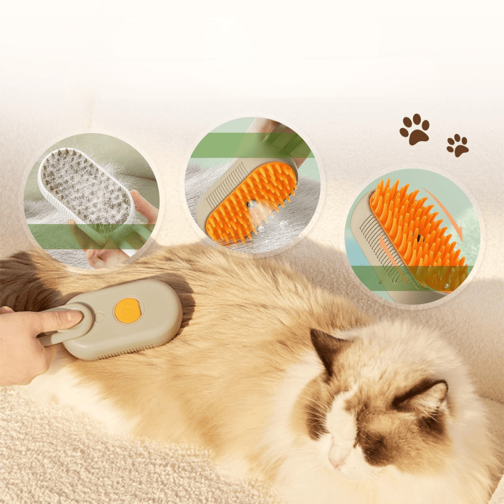 Peigne anti-poils à vapeur pour chat. Soin du pelage en douceur, réduit les boules de poils.