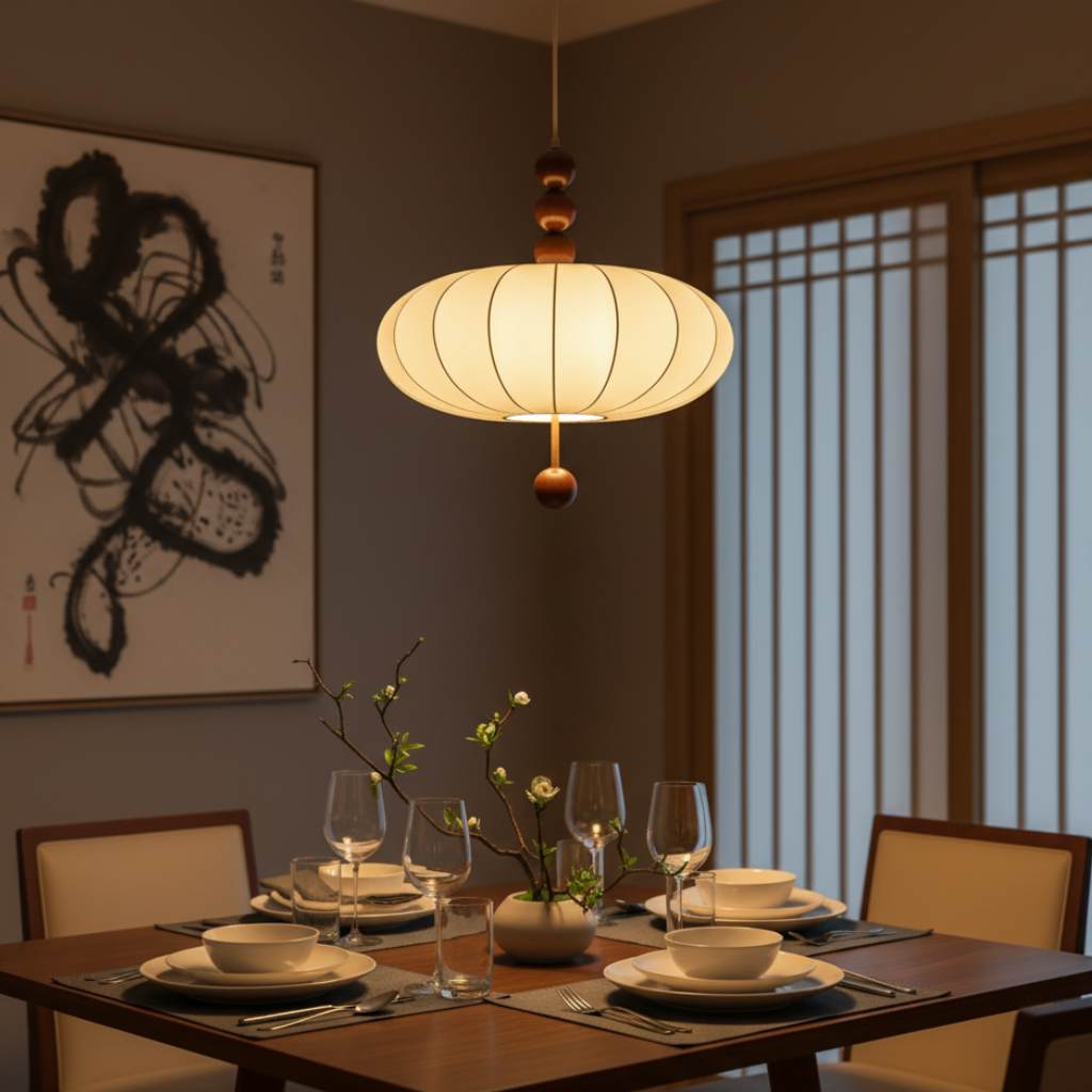 Luminaire suspendu Voile d'Ivoire style Japandi Mi-Siècle, idéal pour salon et salle à manger, lumière douce.