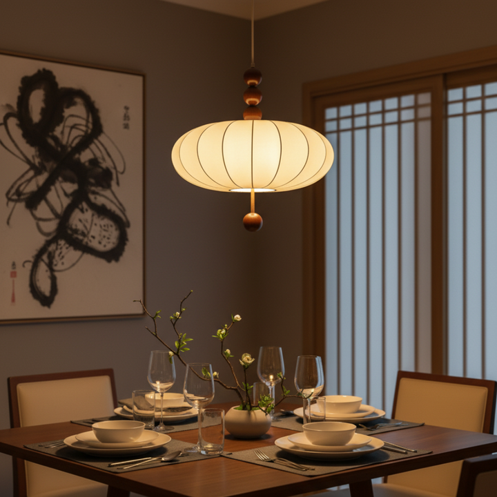 Luminaire suspendu Voile d'Ivoire style Japandi Mi-Siècle, idéal pour salon et salle à manger, lumière douce.