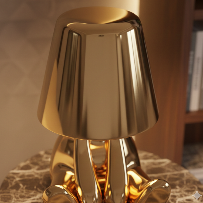 Lampe de table design "Le Penseur" en édition dorée, rechargeable pour une lumière d'ambiance LED.