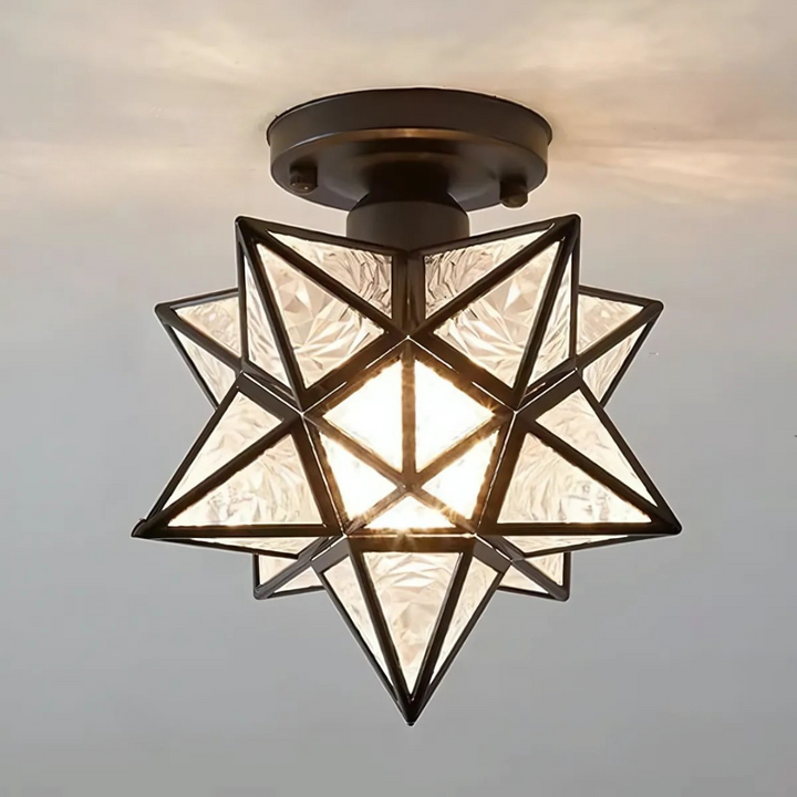 Décoration intérieure: Plafonnier LED étoile géométrique. Luminaire design moderne en métal et verre pour ambiance cosy.