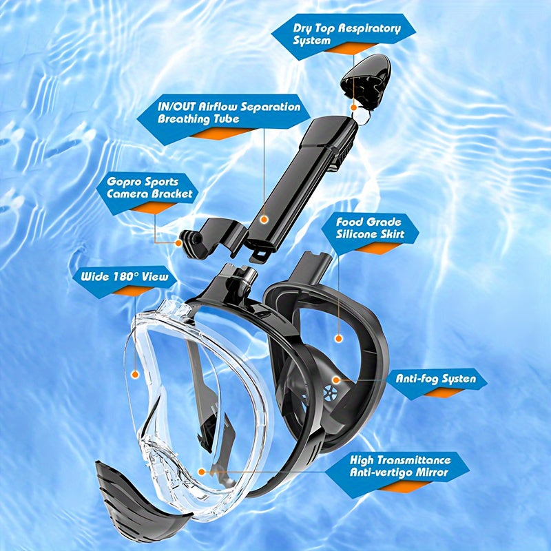 Masque de snorkeling innovant vision panoramique, support caméra. Idéal exploration sous-marine.