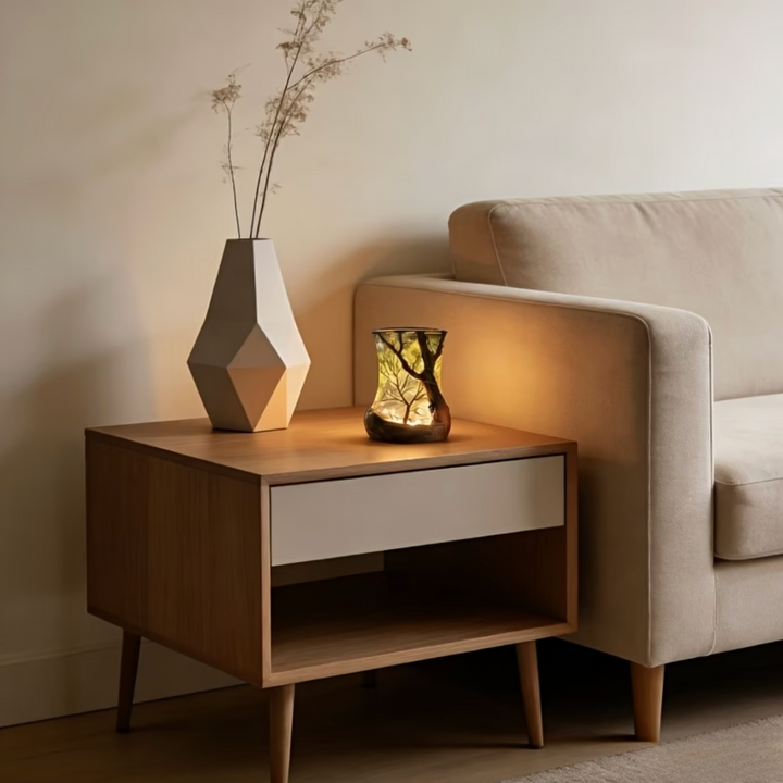 Lampe d'ambiance LED pour chambre, avec des ombres d'arbres, procurant une lumière douce et une sensation de forêt.