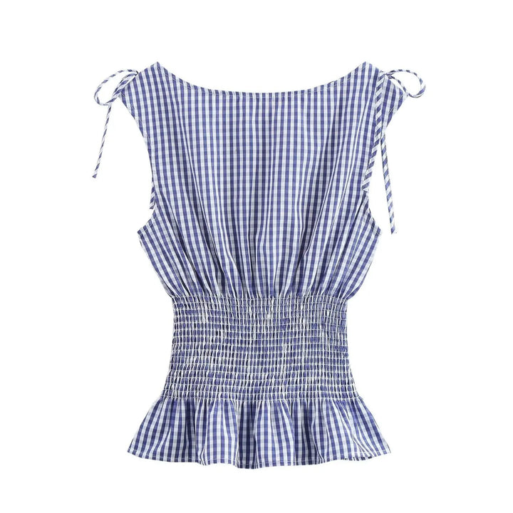 Top d'été femme bleu vichy nid d'abeille à bretelles et nœud. Confortable, chic et rétro pour toute occasion.