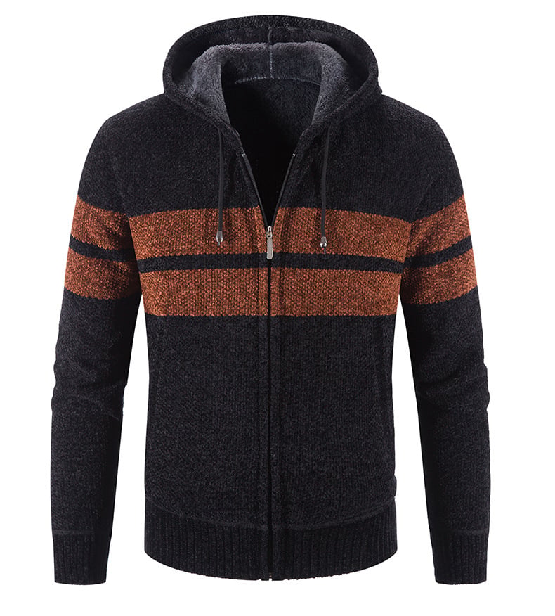 Veste tricotée à capuche pour hommes, doublure chaude. Idéale pour l'hiver décontracté et le confort.