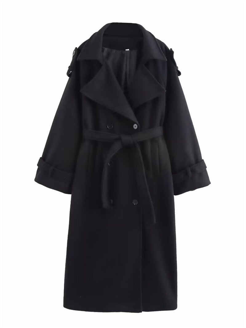 Manteau long croisé Hannelore noir pour femme, style classique et chic, parfait pour l'hiver.