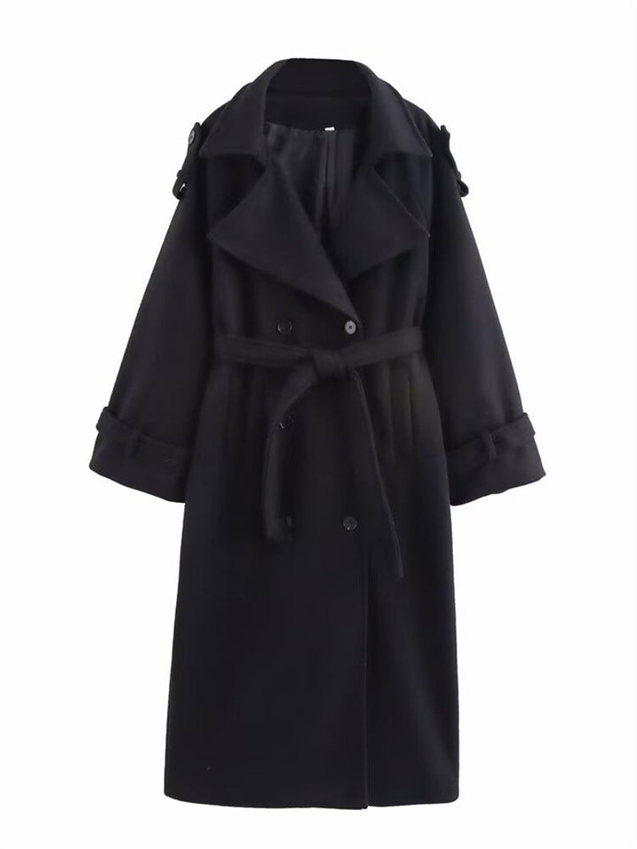Manteau long croisé Hannelore noir pour femme, style classique et chic, parfait pour l'hiver.