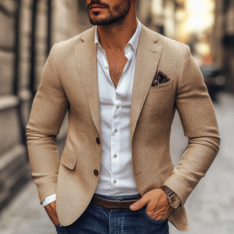 Veste blazer chic homme, décontractée mais élégante, look moderne casual ou bureau.
