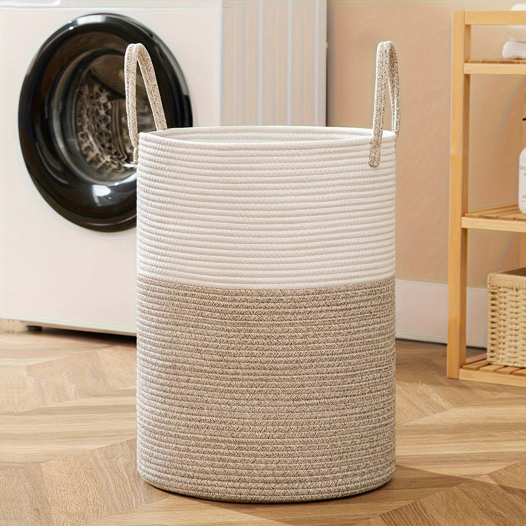 Panier à linge bicolore élégant en jute et coton pour rangement maison et organisation.