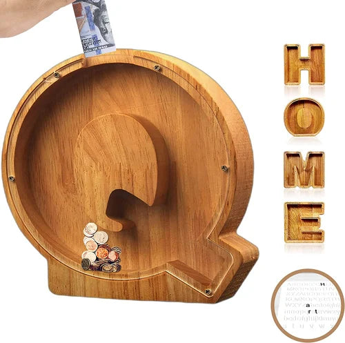 Boîte à épargne en bois, initiale E. Cadeau éducatif et personnalisable pour jeune et moins jeune.