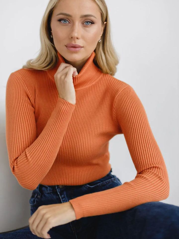 Élégant pull à col roulé pour femme, en tricot fin, confortable et polyvalent pour la saison.