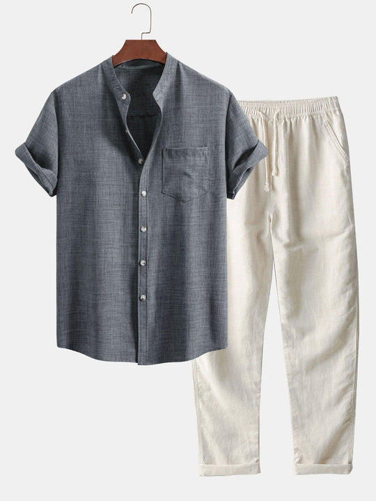 Silhouette homme tenue estivale: Silhouette d'un homme élégant portant l'ensemble estival, col montant et manches courtes, mode masculine.