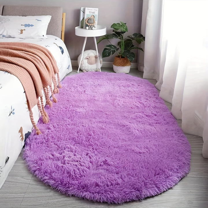 Tapis ovale moelleux, couleurs variées, pour apporter douceur et style au salon.