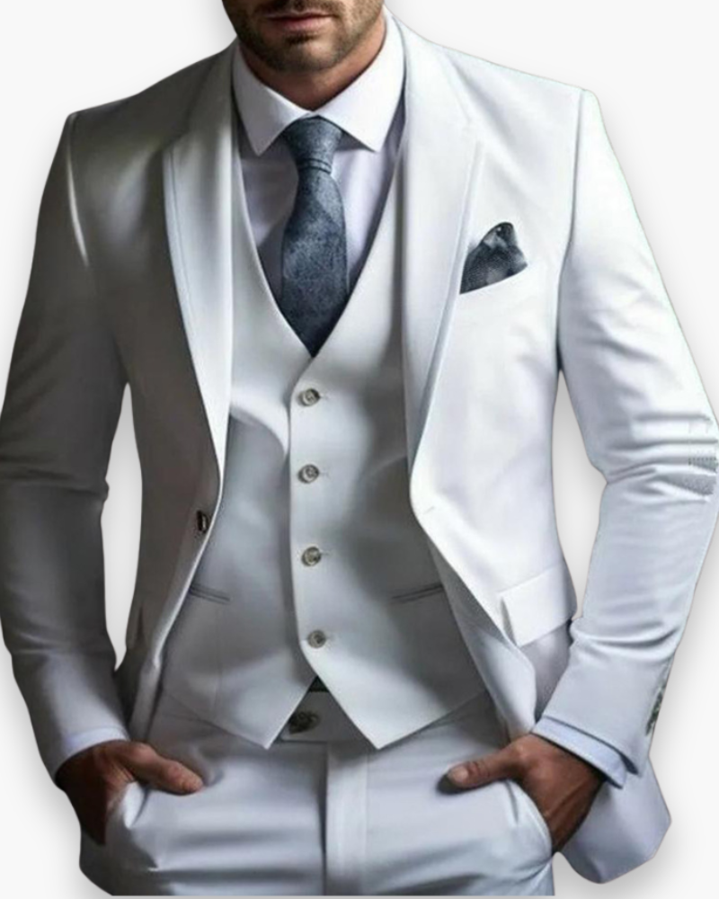Costume chic homme 3 pièces, coupe contemporaine. Tenue élégante pour événements et affaires.