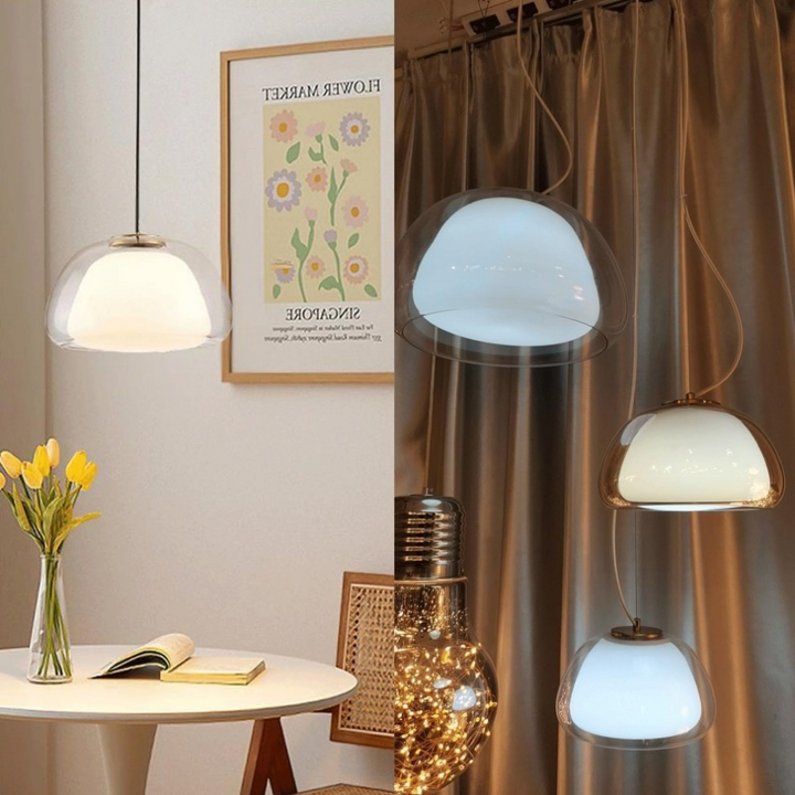Lustre en verre élégant, lumière douce pour une ambiance de salon.