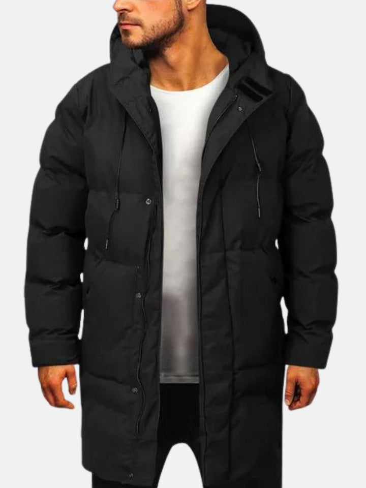 Parka homme hiver chaude et élégante avec capuche, idéale pour le froid et le style urbain.