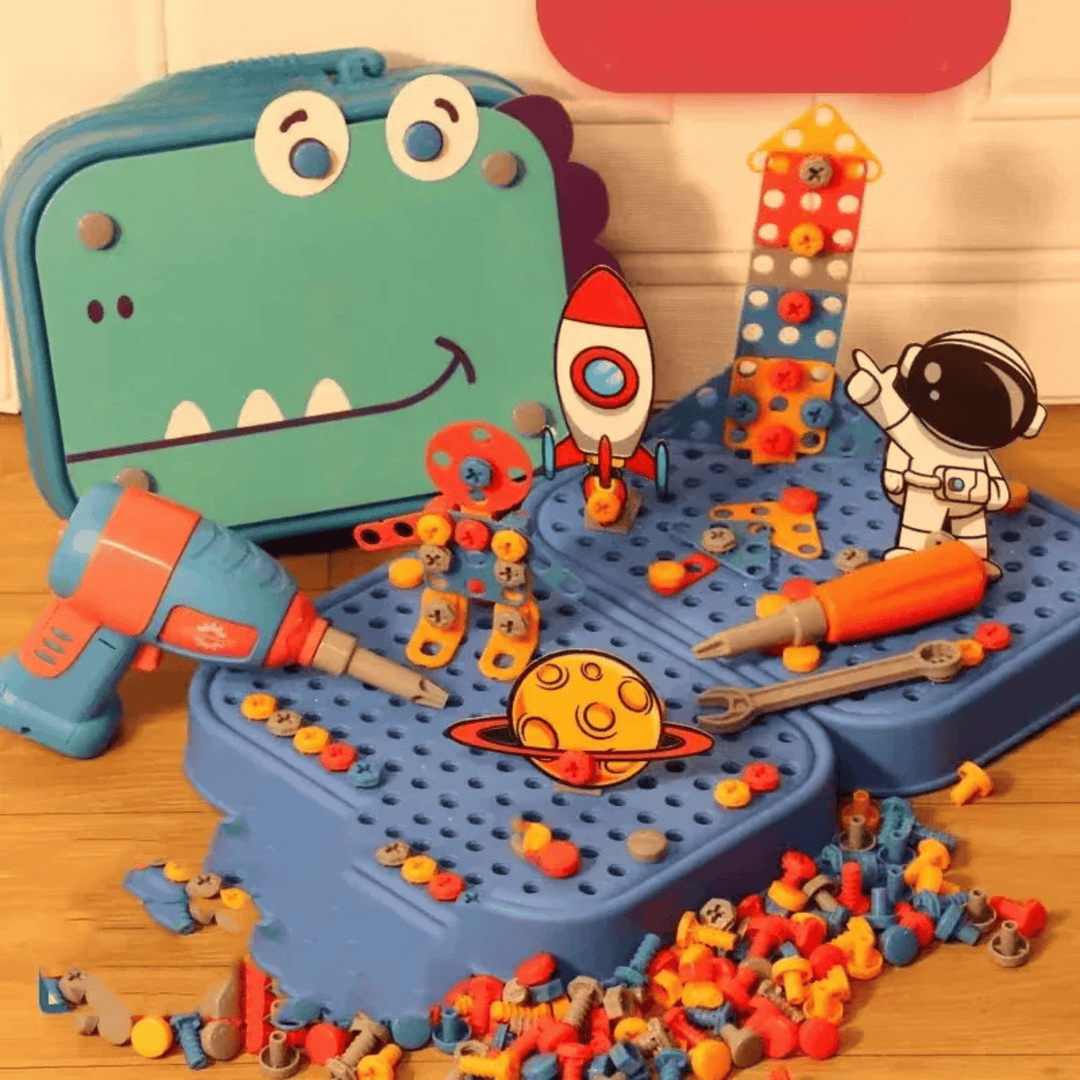 Jeu de construction créatif pour enfants avec perceuse électrique, développe la motricité fine et l'imagination.
