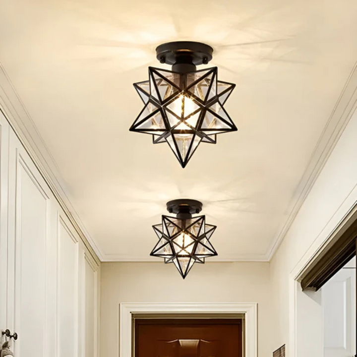 Plafonnier design LED étoile géométrique. Luminaire contemporain en métal, idéal pour une décoration intérieure chic.