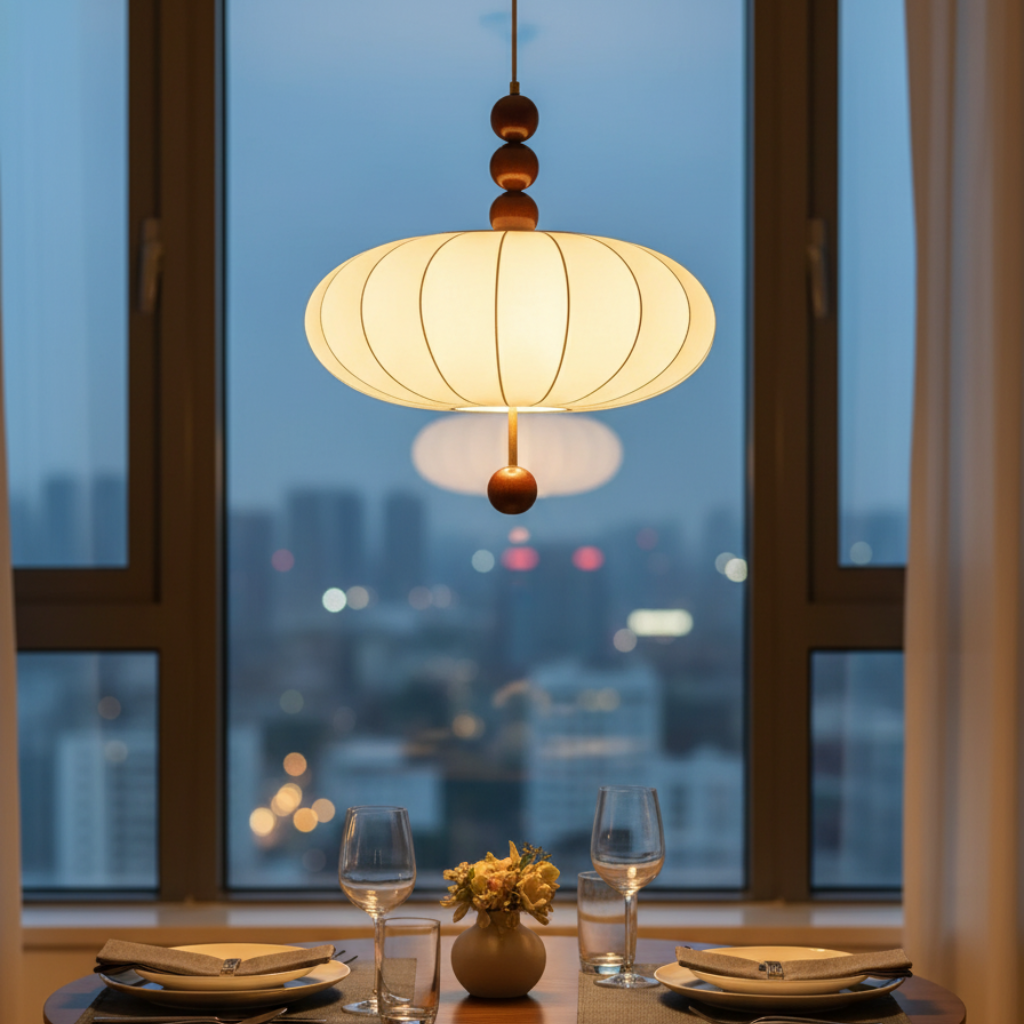 Élégant luminaire suspendu Japandi moderne, éclairage d'ambiance sereine pour une décoration intérieure chic.