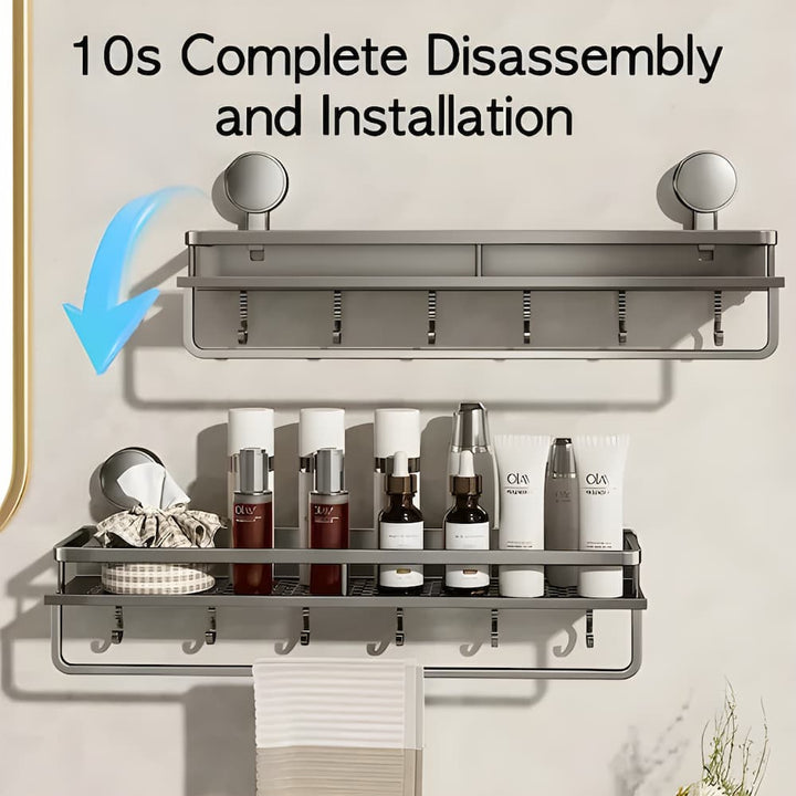 Rangement mural Shelfy en aluminium, étagère élégante pour produits d'hygiène, gain de place dans la douche.