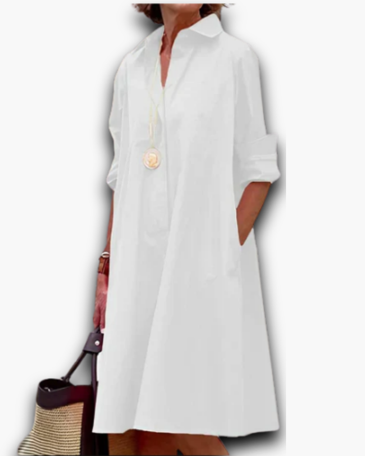 Robe chemise fluide femme, coupe ample, style mode printemps-été, confort et élégance féminine.