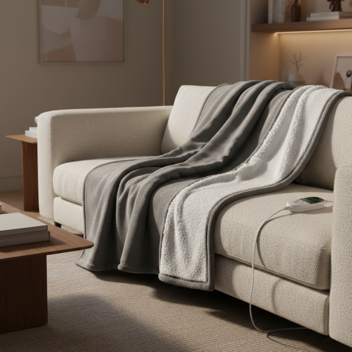 Couverture chauffante électrique en microfleece, ultra-douce, chaleur réglable et sécurité optimale.