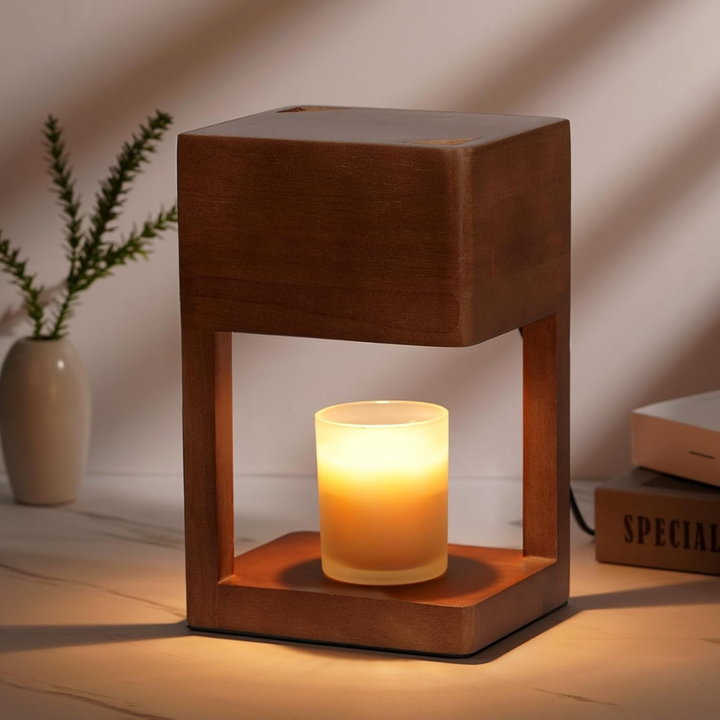 Ambiance chaleureuse : lampe réchauffe-bougie avec minuterie et variateur pour un confort optimal.