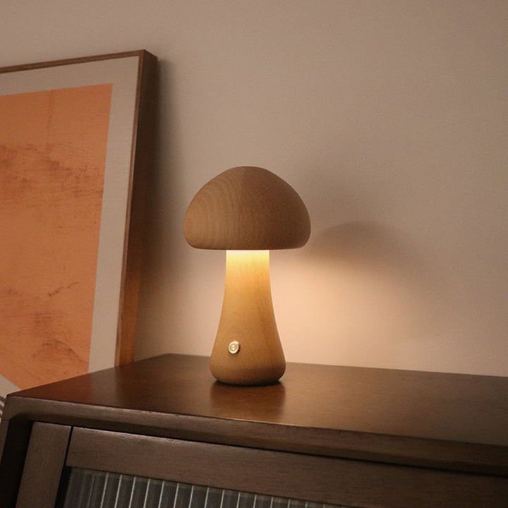 Lampe de chevet champignon en bois, design vintage et naturel, éclairage doux pour la chambre.