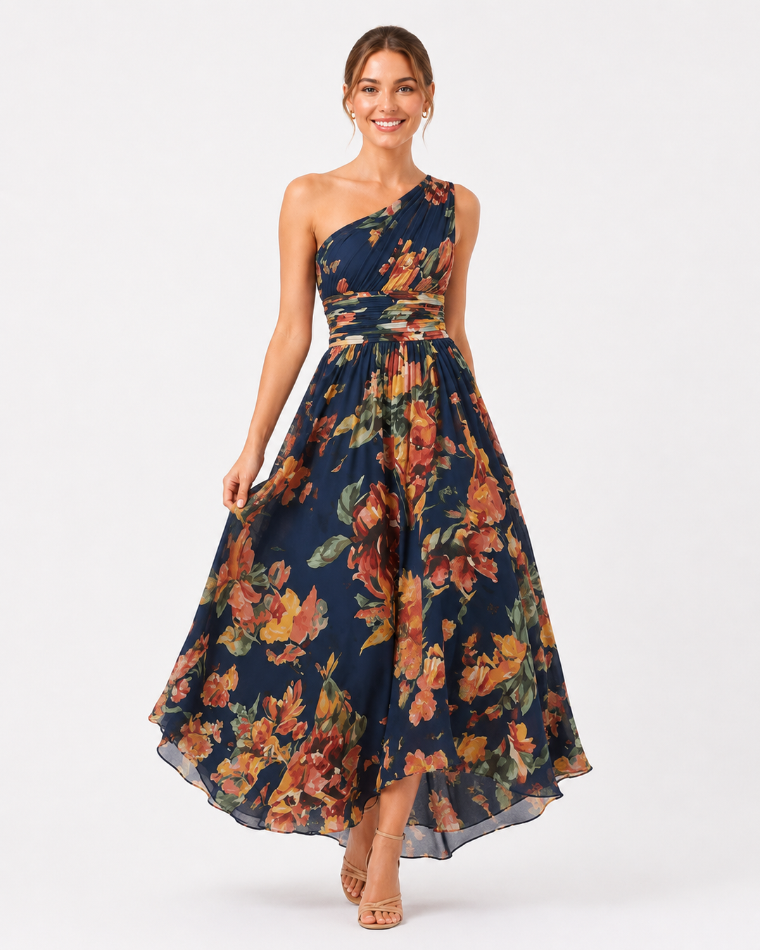 Robe maxi femme bohème d'été, chic, une épaule dénudée, motif floral, parfaite pour un look féminin élégant.