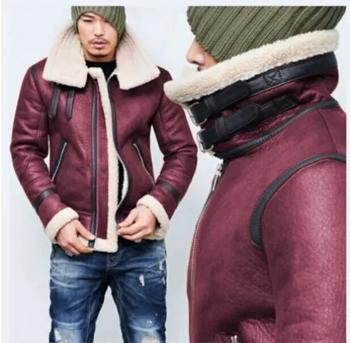 Veste homme d'hiver en cuir, disponible en noir ou rouge vin. Chaude, élégante et chic pour un look urbain sophistiqué.