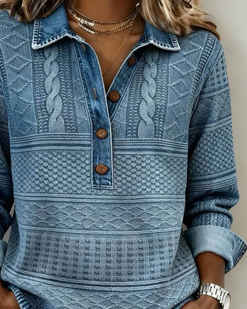 Haut femme chic et décontracté, col polo, effet denim. Parfait pour la mode féminine quotidienne.